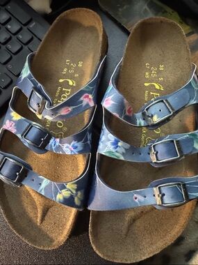 Papillio Blue Floral Triple-Strap Sandals with Buckles